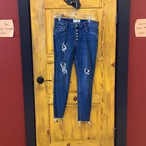 Free People Button-Up Distressed Skinny Jeans in Blue